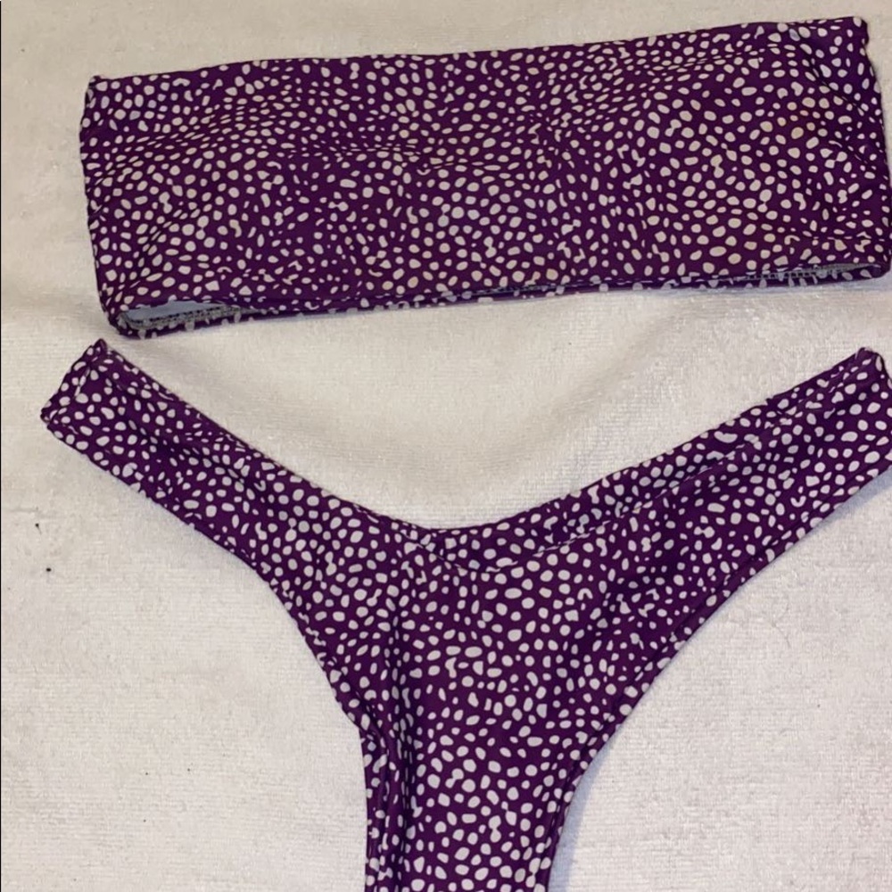 Shein purple polka dot strapless cheeky bikini set
